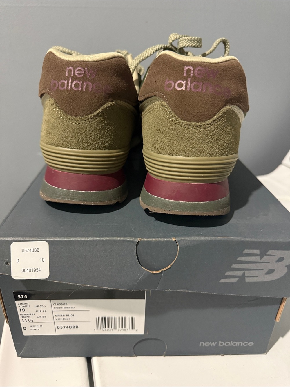 New Balance Olive and Tan “Green Beige” Retro 574 Sneakers with Burgundy Accent - Picture 2 of 5